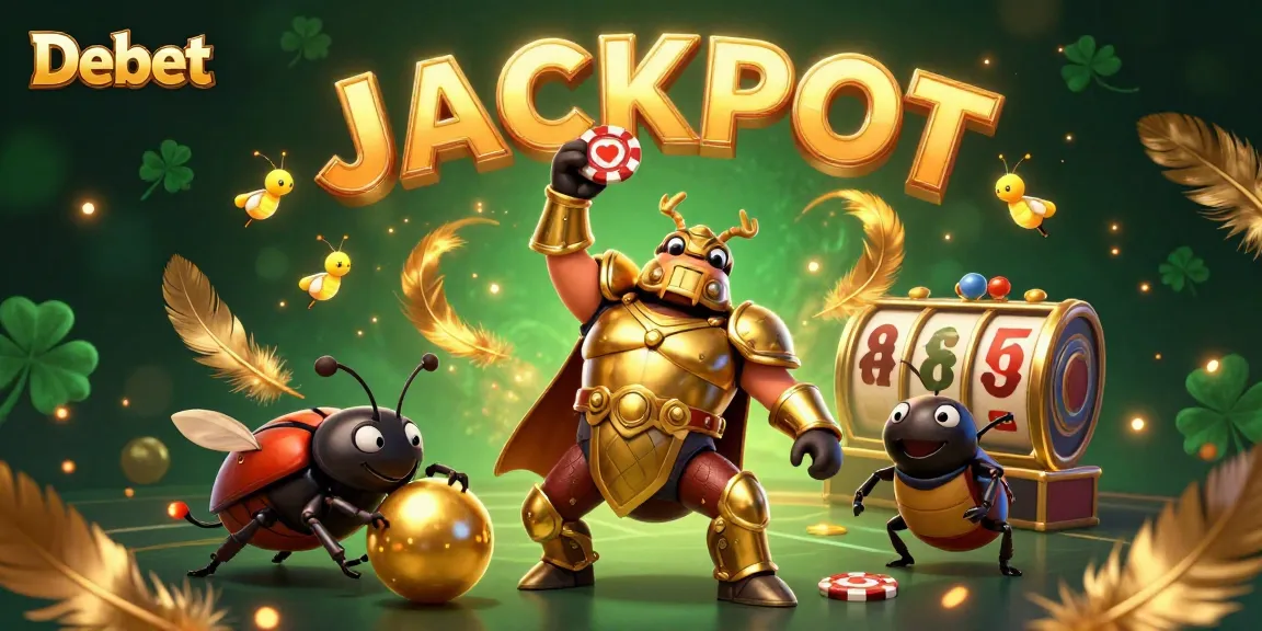 Debet showcases a thrilling victory scene with a gladiator beetle lifting a poker chip amidst swirling gold coins in a casino atmosphere.