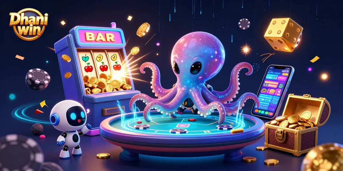 Dhani win interactive gaming scene with an alien octopus at a holographic poker table amidst a jackpot explosion.