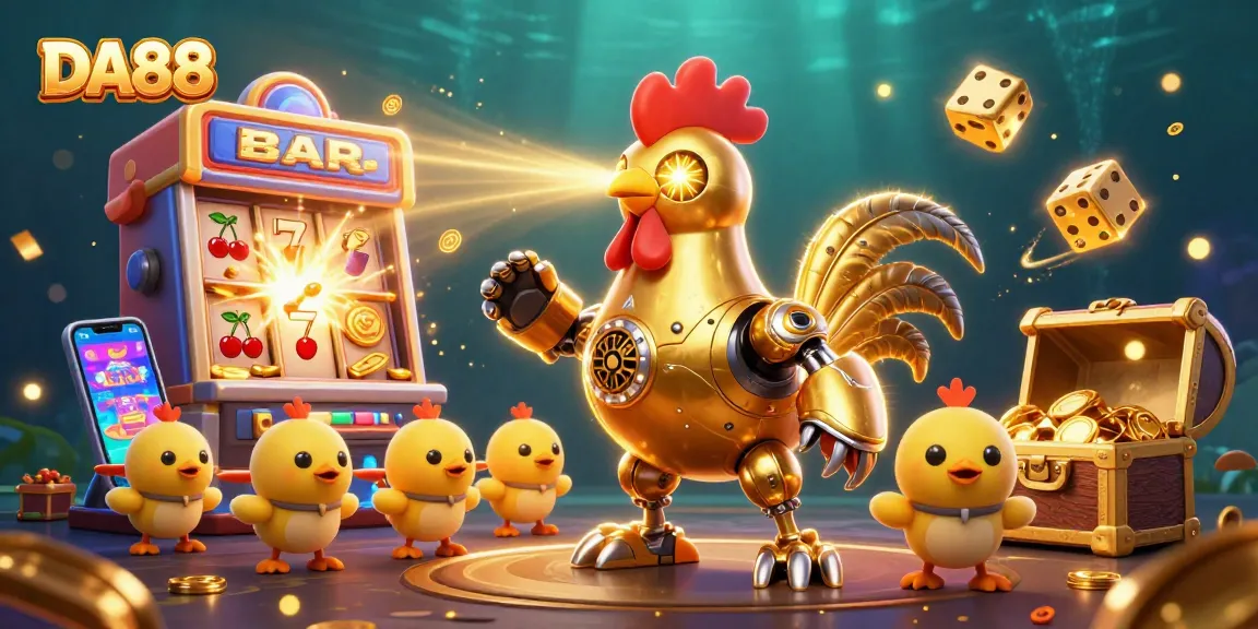 Engage with DA88's captivating gaming adventure featuring dynamic 3D illustrations of slot machines and vibrant casino elements.