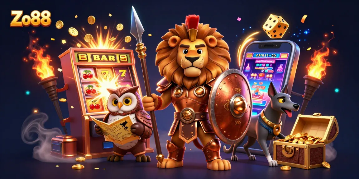 Engage with Zo88 as a 3D cartoon Spartan lion conquers slots, flanked by a wise owl and swift greyhound.