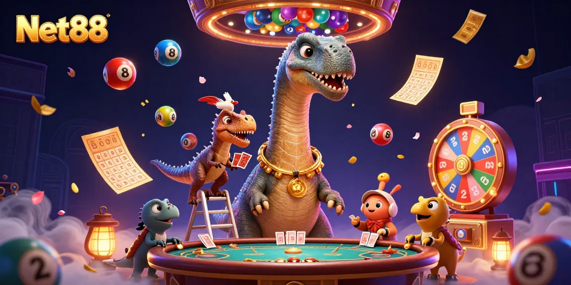 Join in the excitement of Net88 as a colossal brontosaurus oversees a vibrant casino scene full of surprises.