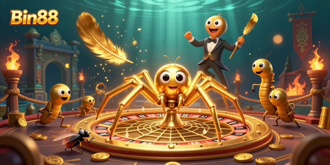 Bet on Bin88 with excitement, featuring a lively 3D casino scene of a spider and a croupier.