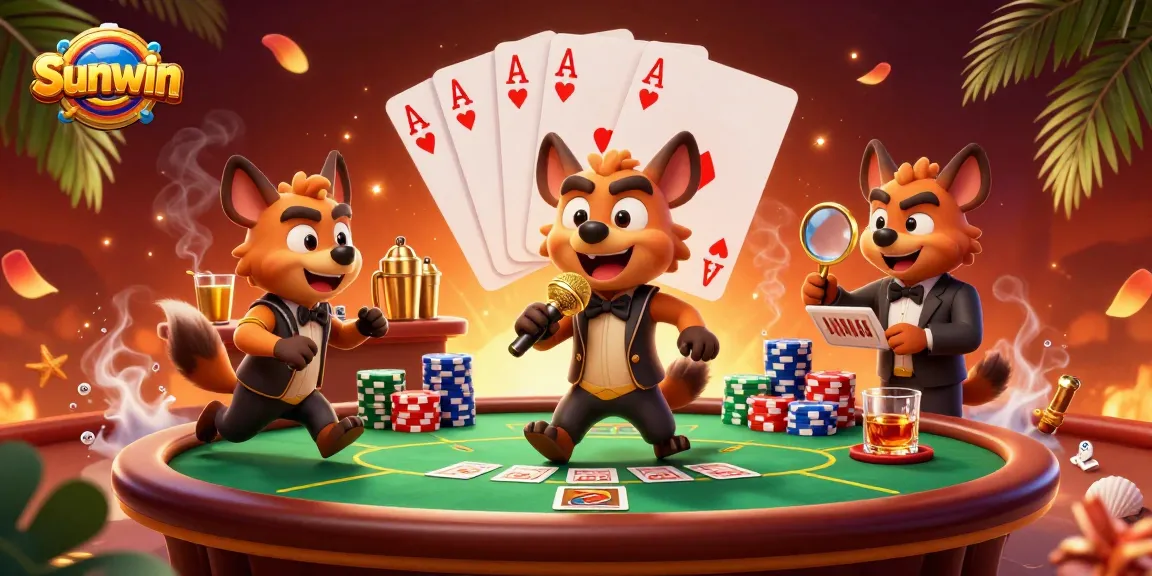 Sunwin's vibrant casino scene with hyenas mixing drinks and comedian performing for lively players.