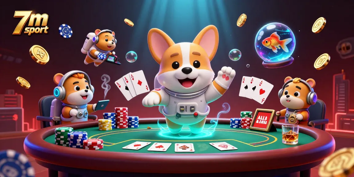 Engage with 7m sport through this dynamic casino scene featuring a floating corgi and thrilling gaming elements.