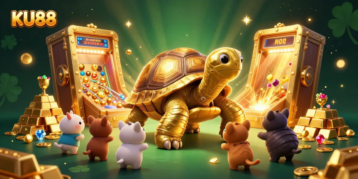 Engage with KU88 at a vibrant 3D casino scene featuring a golden tortoise pinball machine and gems.
