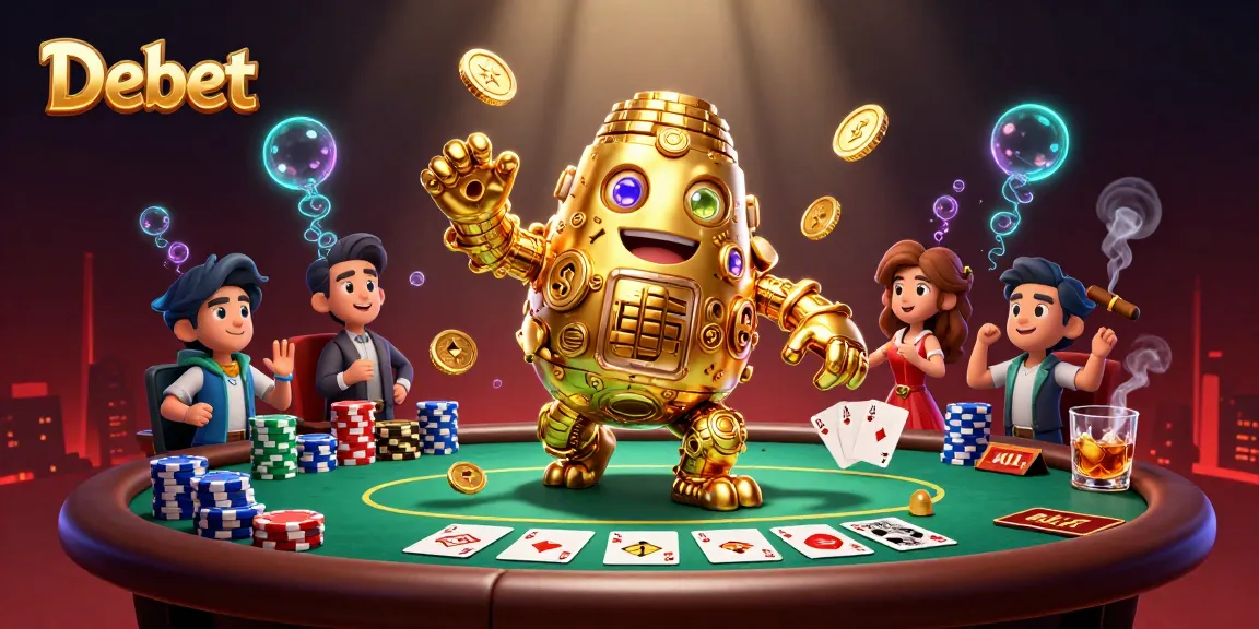 Engage with Debet's vibrant 3D casino illustration showcasing dynamic poker elements and a golden golem.