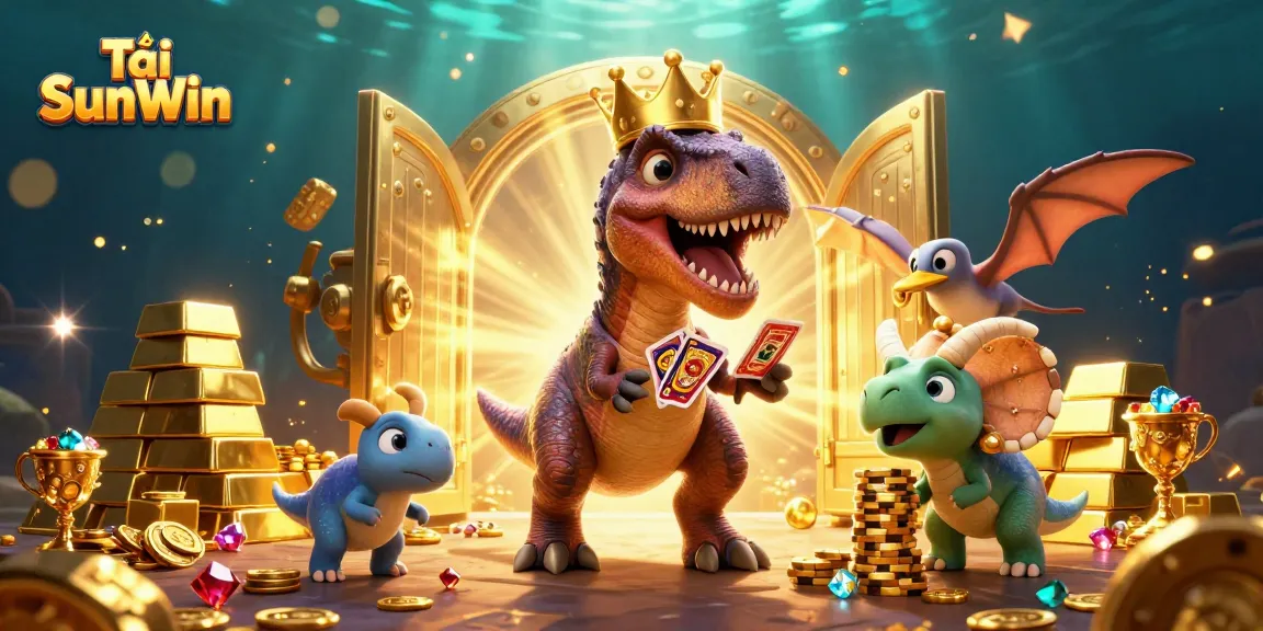 Tải SunWin showcases a friendly dinosaur card game scene with glittering treasures, engaging players.