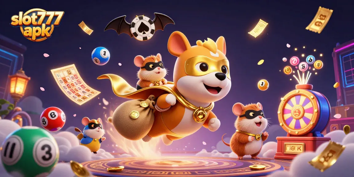 Engage in gaming thrills with slot777 apk, featuring a superhero dog amidst colorful casino icons.