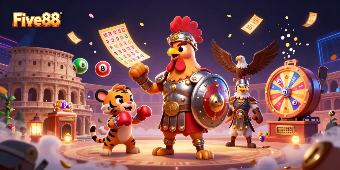 Five88 showcases a digital scene filled with vibrant lottery elements and animated characters in a dynamic casino setting.