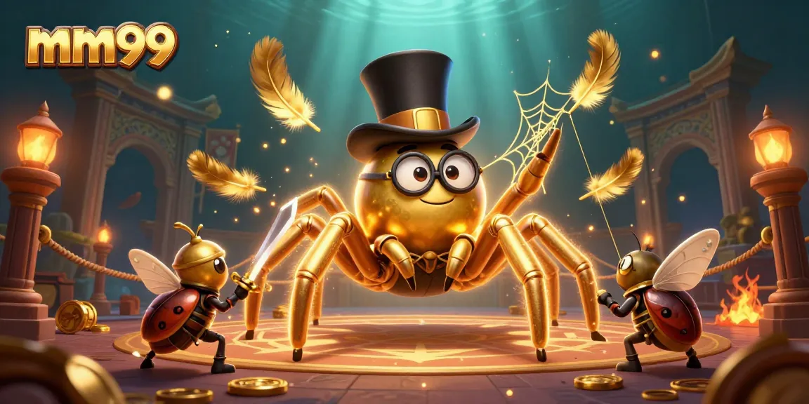 Engage in thrilling gambling action at mm99 with a daring beetle knight facing a golden tarantula in a festive casino scene.