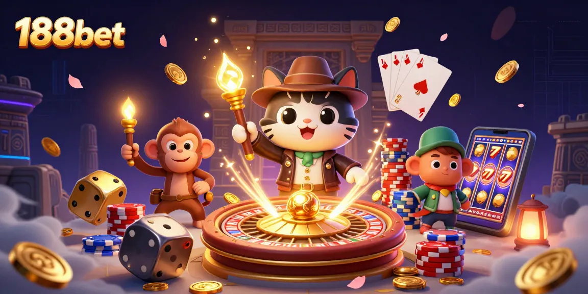 Experience thrilling 188bet action with a cat archaeologist and a monkey in a vibrant casino scene.