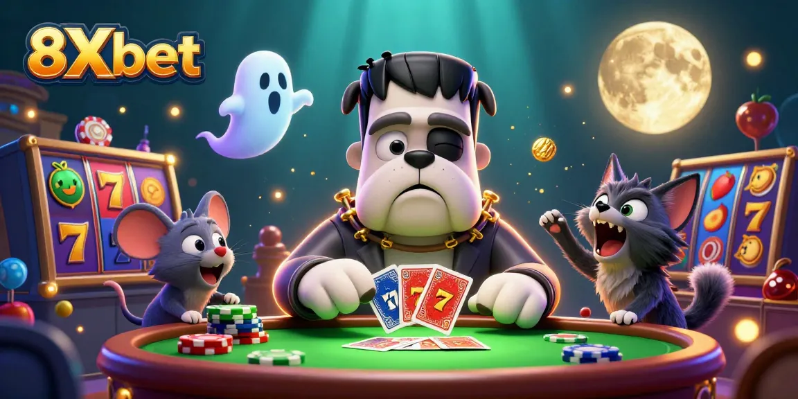 Experience thrilling card games with 8Xbet's vibrant cartoon character scene, combining fun casino elements.