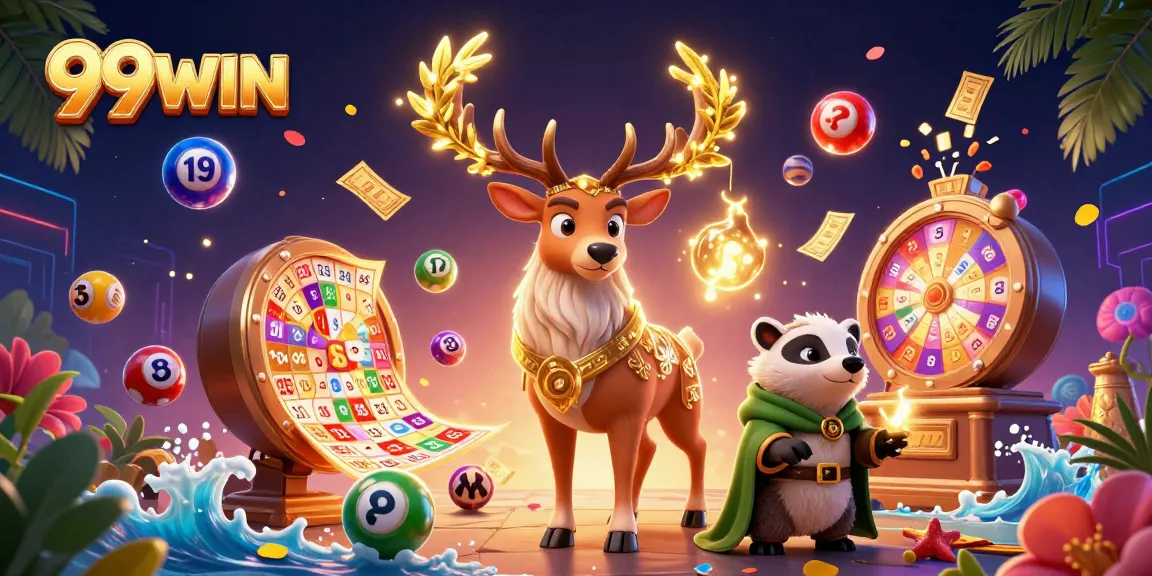 Engage in exciting games at 99WIN with dynamic lottery balls and festive gambling elements.