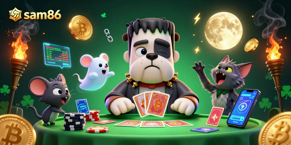 Engage with sam86’s thrilling casino experience featuring a Frankenstein bulldog dealer and ghostly elements.