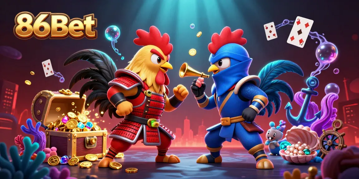 Engage with exciting action at 86Bet with epic roosters in a vibrant casino scene.