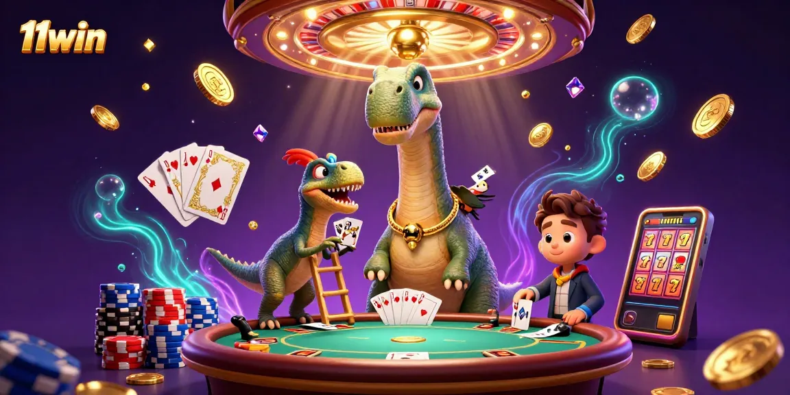 11win showcases a vibrant casino scene with a brontosaurus, raptor dealer, and casino elements.