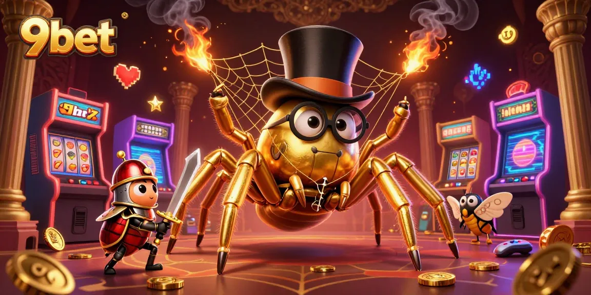 Experience excitement in 9bet's casino with golden tarantula and beetle knight dynamic illustration.