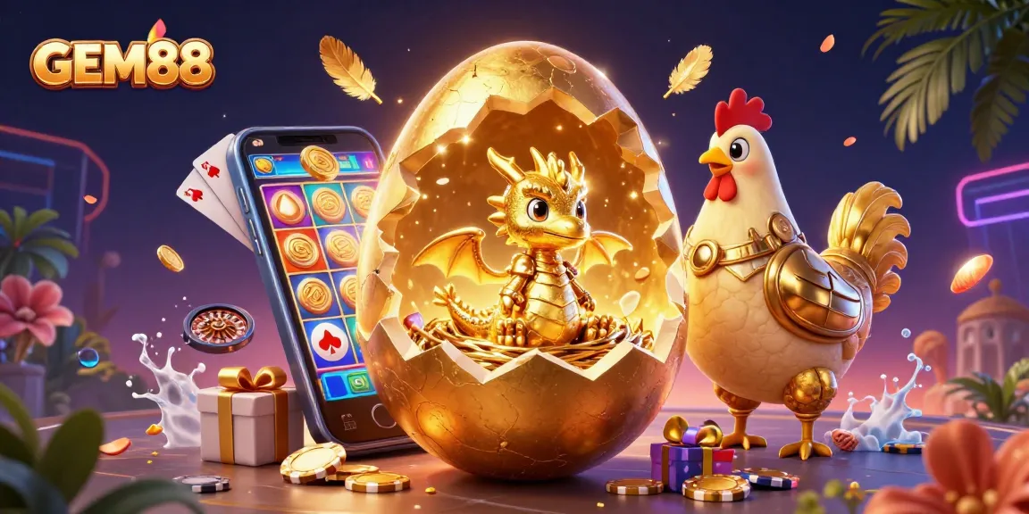 Experience GEM88's thrilling online gaming with a golden dragon and casino elements bursting with excitement.