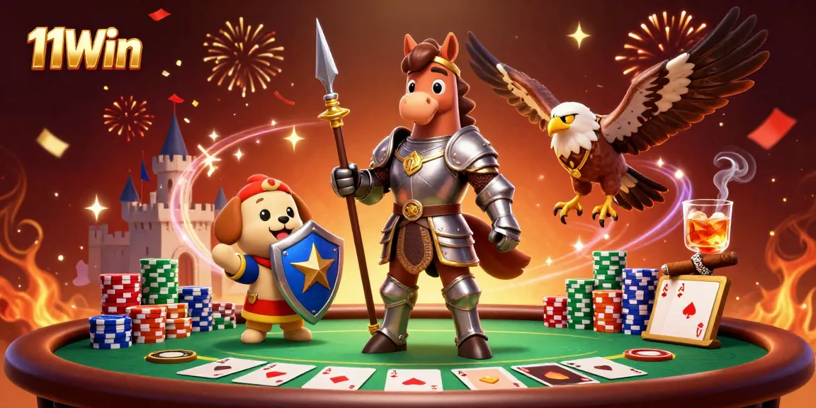 Engage with 11Win through an exciting poker showdown featuring a knight and a puppy!