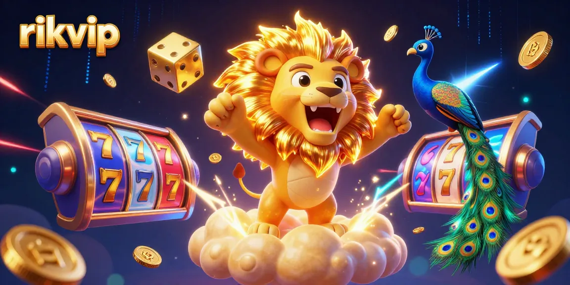 Experience thrilling moments with rikvip's fantastic slot games in this vibrant, colorful 3D illustration.