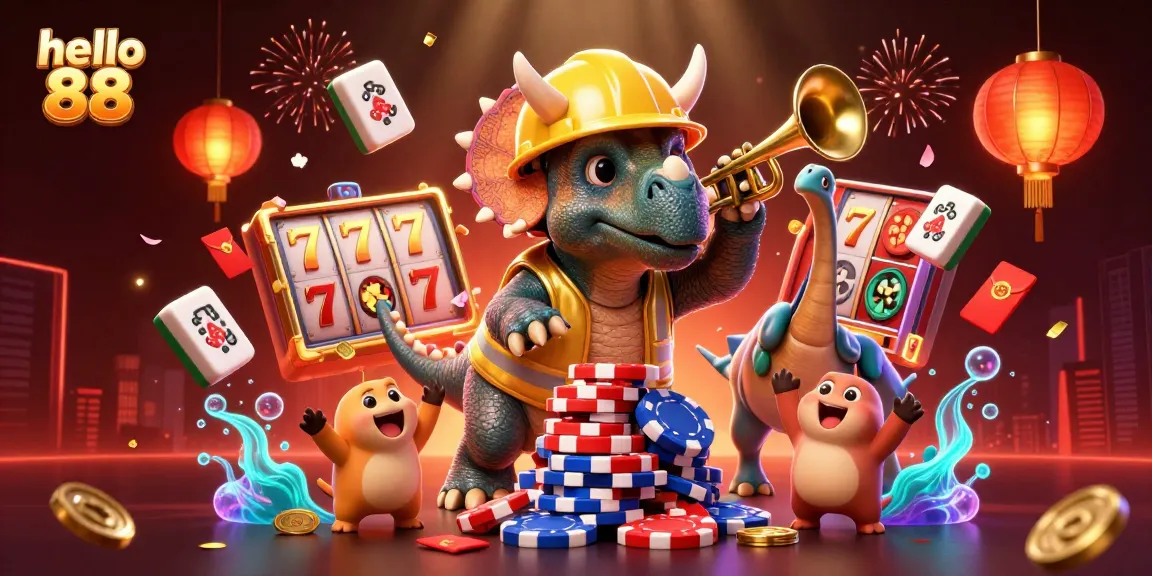 Exciting scene with hello 88 triceratops building poker chip pyramid while celebrating with vibrant casino elements