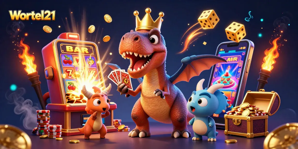 Experience high-energy gaming with Wortel21’s engaging casino scene of cartoon dinosaurs.