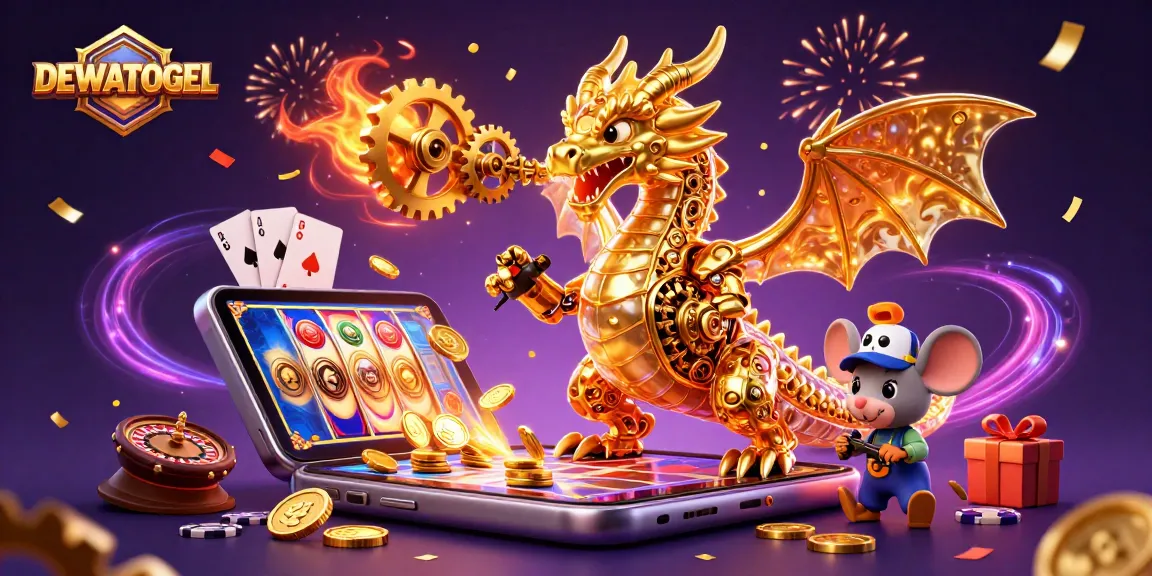 Experience the excitement of DEWATOGEL with a vivid 3D casino scene showcasing animated characters and gaming elements.