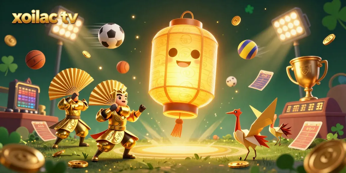 Experience the vibrant energy of xoilac tv with a dynamic 3D casino scene filled with sports elements and lucky symbols.