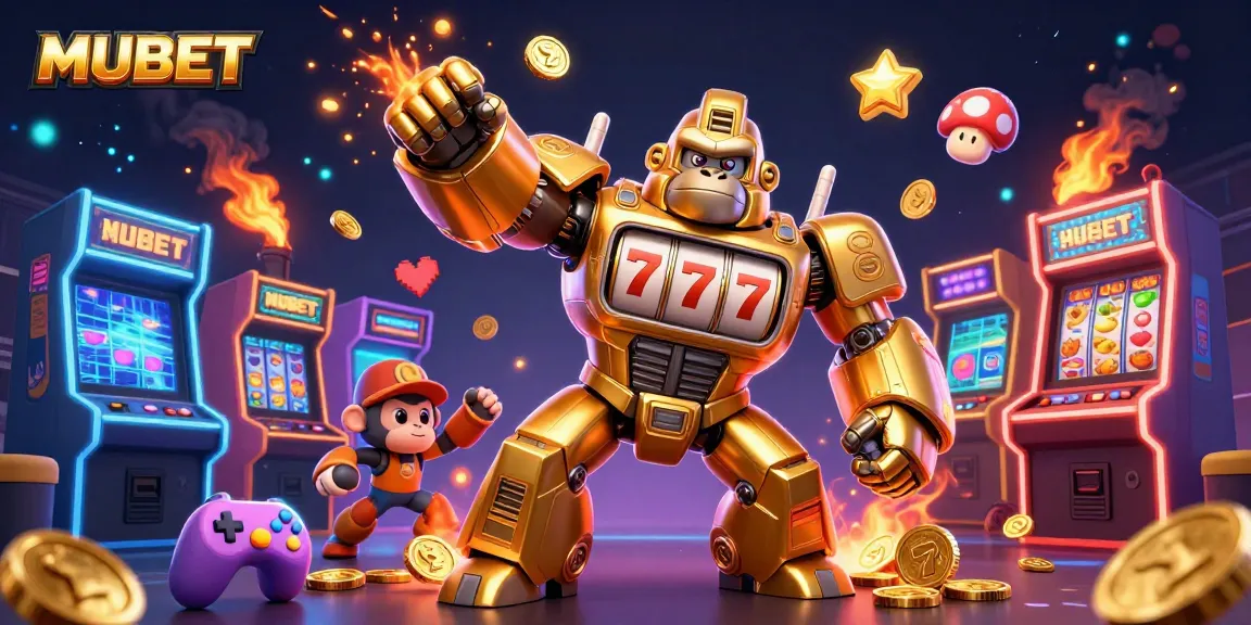 Experience MUBET’s exciting casino world with a dynamic golden gorilla mech and vibrant gaming elements.