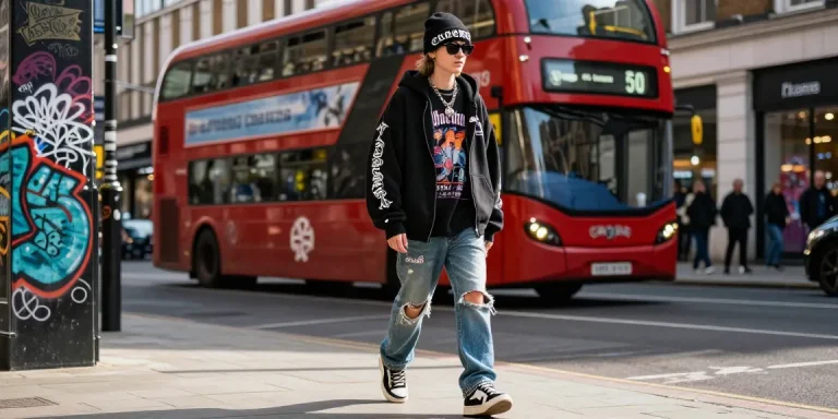 Person in a Chrome Hearts hoodie amid London's urban landscape showcasing edgy street fashion.
