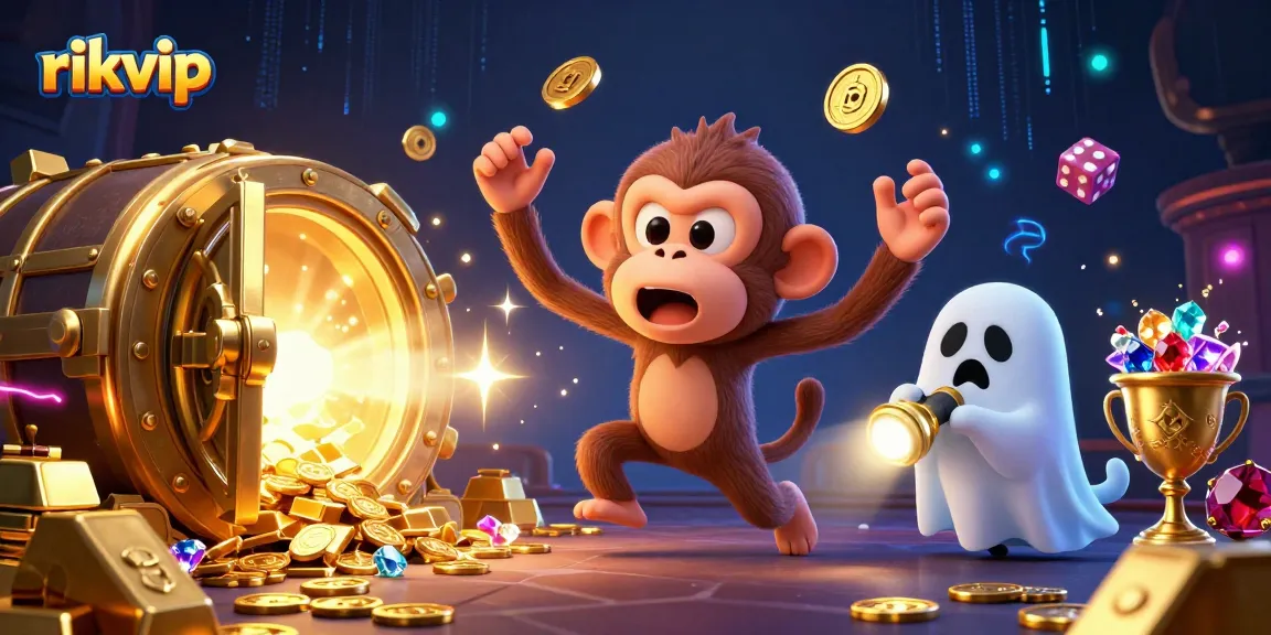 Experience thrilling wins at rikvip with an exciting 3D casino scene featuring a gold-juggling monkey and a curious puppy.