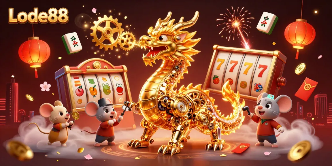Lode88 gaming scene illustrating a golden dragon amidst slot reels and vibrant casino elements.