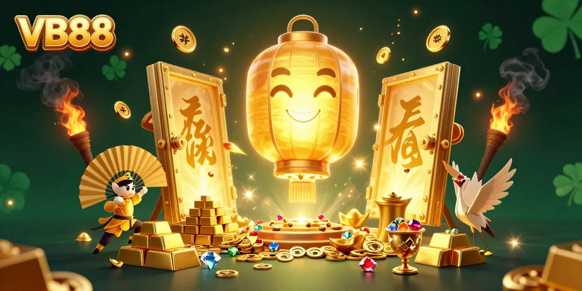 Engage with VB88 in a vibrant casino scene featuring lantern spirits and treasure.