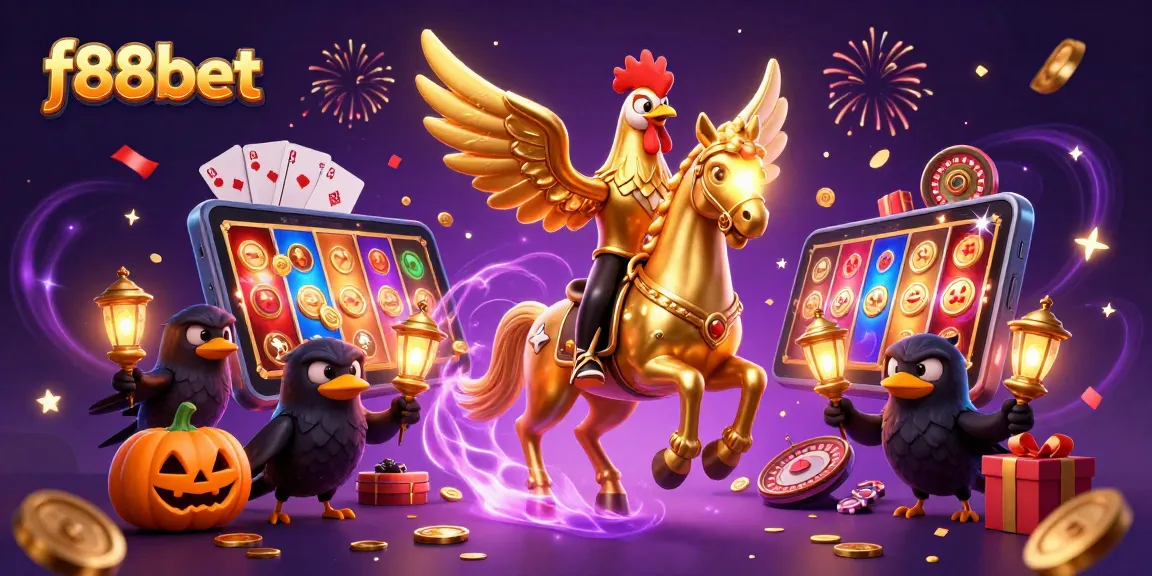 Spin the reels at f88bet with a magical scene featuring a golden rooster and animated casino elements.