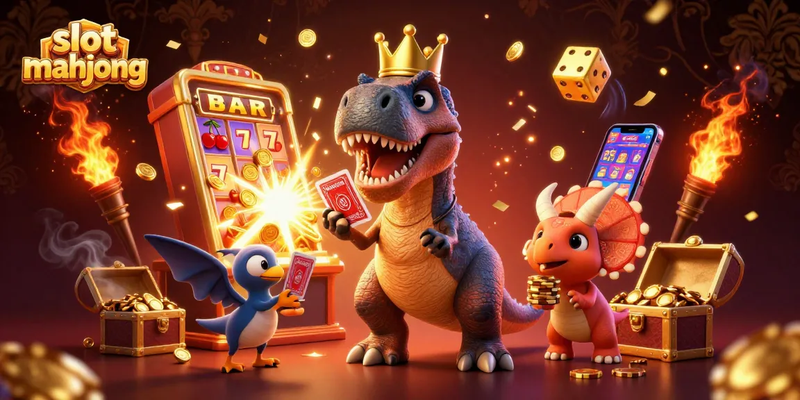 Experience vibrant slot mahjong fun with a playful T-Rex shuffling cards and a pterodactyl assisting.