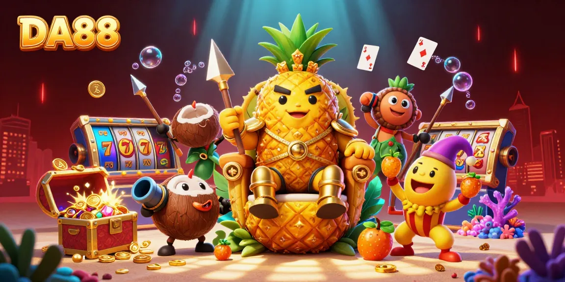 Engage with DA88 in a vibrant casino scene featuring a golden pineapple king and lively gaming elements.