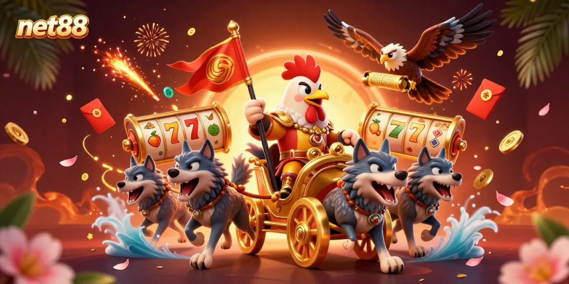 Engage with net88's thrilling casino experience featuring a dynamic 3D scene of a rooster warlord and slot reels.