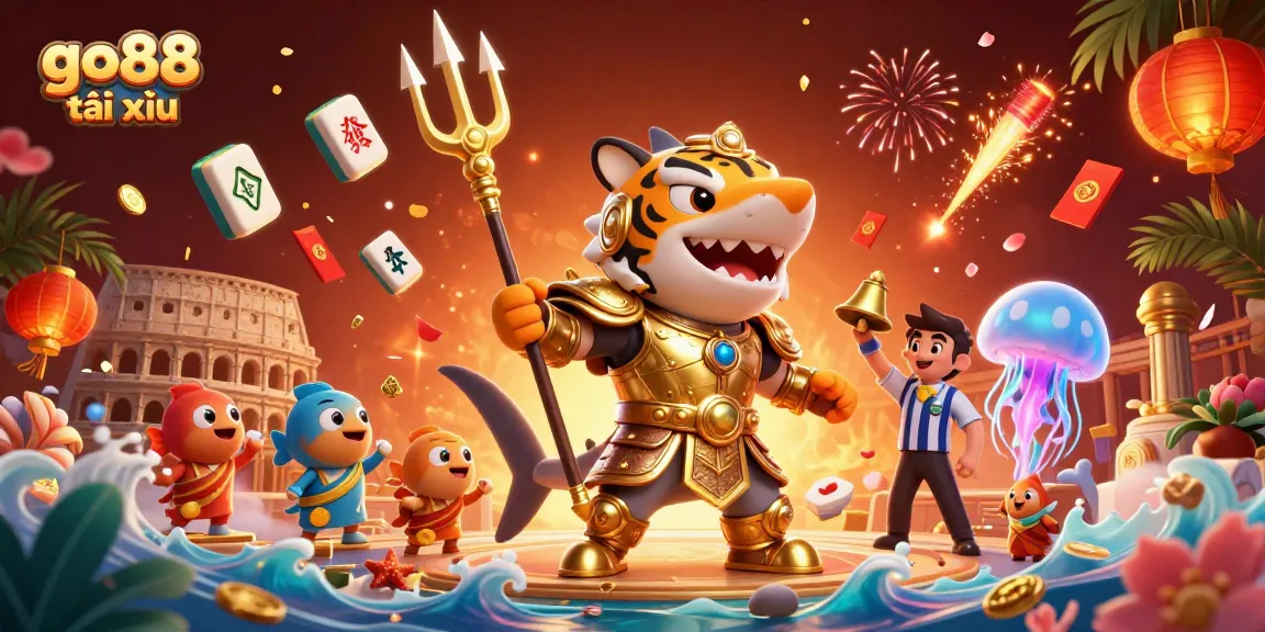 Experience excitement with go88 tài xỉu, featuring a dynamic underwater scene of energetic characters amidst vibrant game elements.