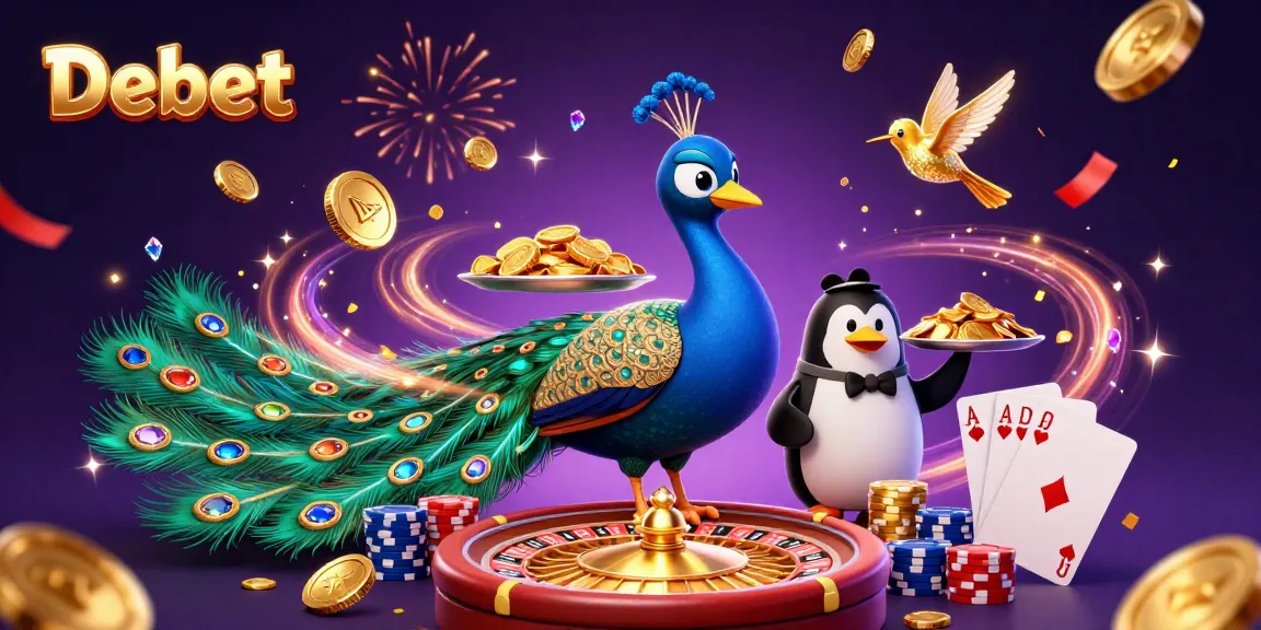 Engage with Debet's exciting scene featuring a vibrant casino atmosphere filled with luxury and animated characters.
