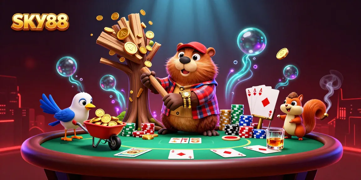Sky88 brings excitement alive with a lively illustration of gambling adventures and gold winnings.
