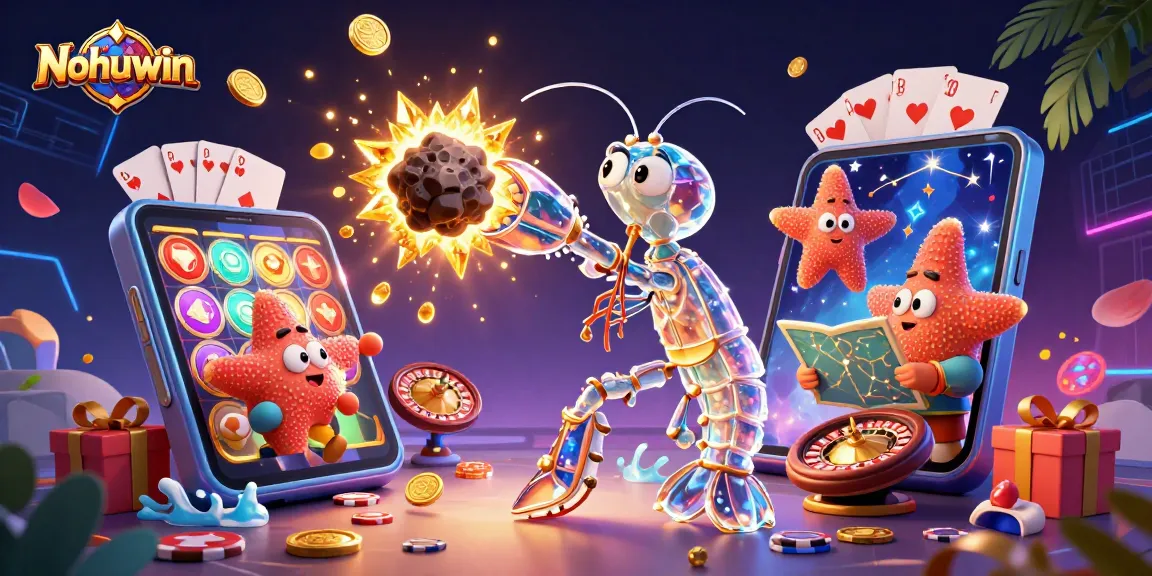 Nohuwin showcases thrilling gaming adventure with vibrant slot games, winning treasures, and dynamic casino elements.