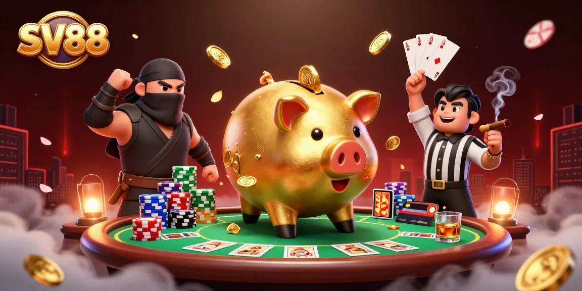 SV88 engages in the ultimate poker showdown with a golden piggy bank sumo wrestler as the stakes rise.