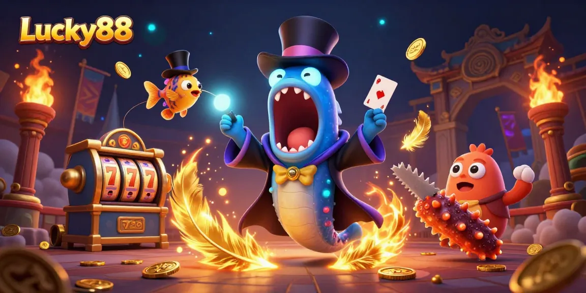 Engage with Lucky88 slot gameplay featuring magical fish characters in a rich casino scene.