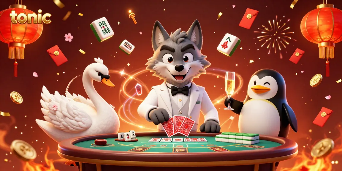 Tonic-themed illustration showing a debonair wolf at a baccarat table, surrounded by a swan dealer and a penguin sommelier.