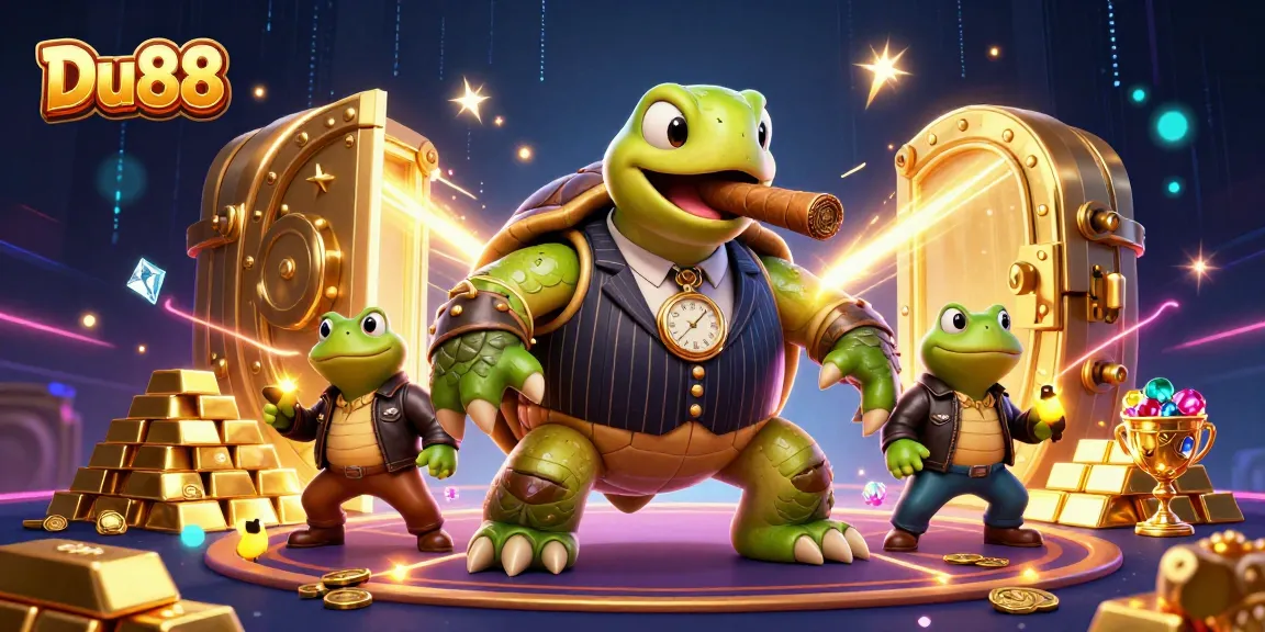 Engage with Du88's dynamic casino scene featuring a mobster turtle and bullfrog enforcers.