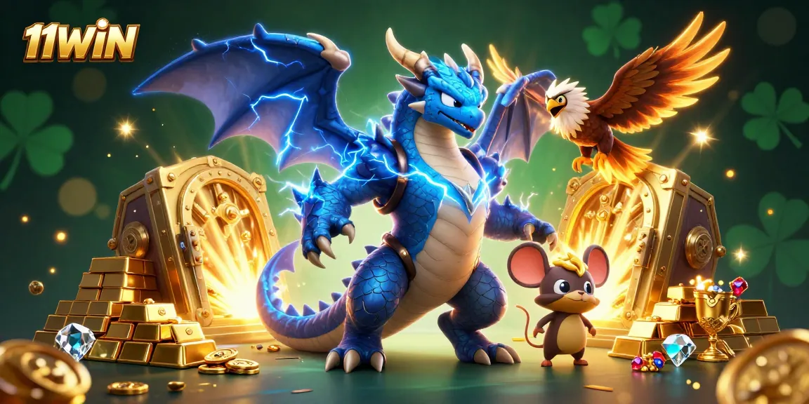 Experience 11WIN's thrilling atmosphere with a dynamic scene featuring enchanting casino characters and golden treasures.