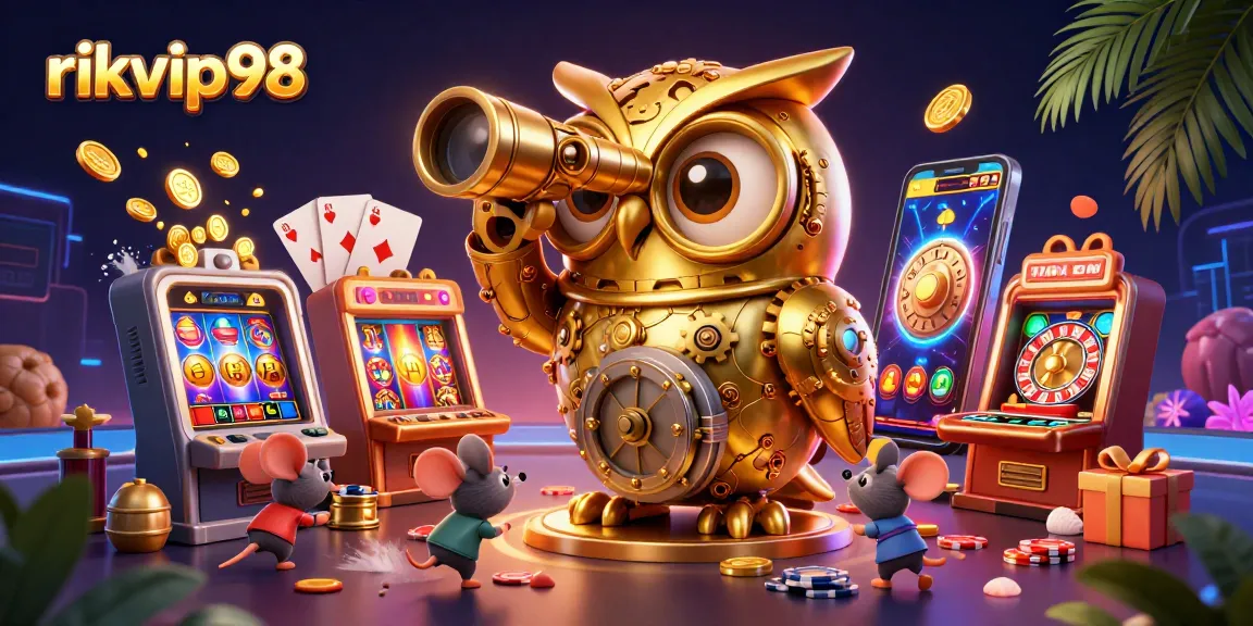 Engage with rikvip98's vibrant online casino experience featuring a clockwork owl and lively game elements.