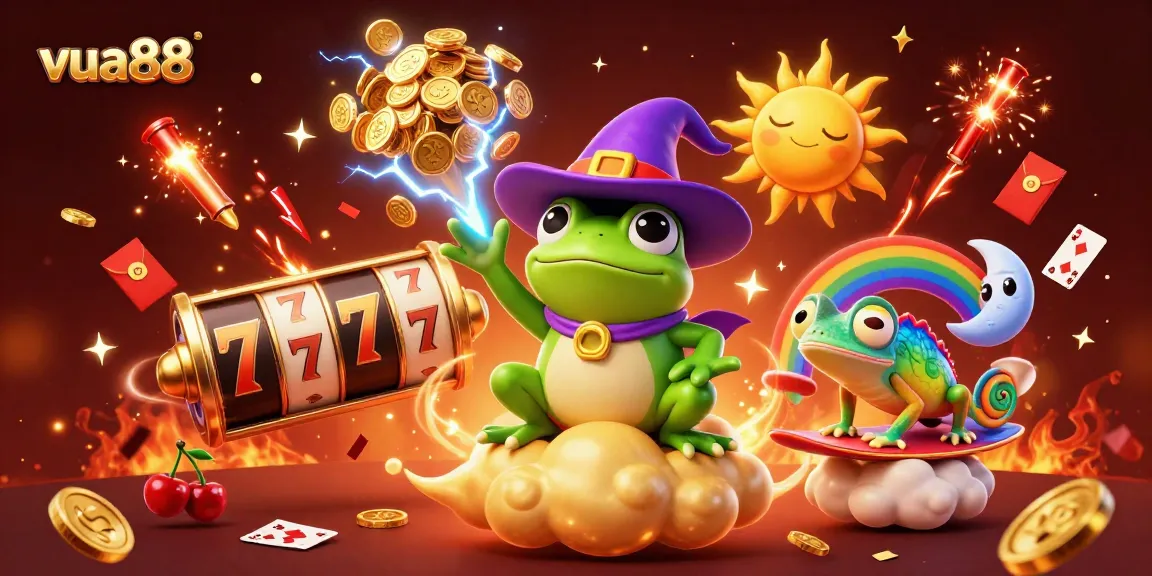 Experience excitement at vua88 with a vibrant storm of coins and slot reels in a thrilling 3D scene.