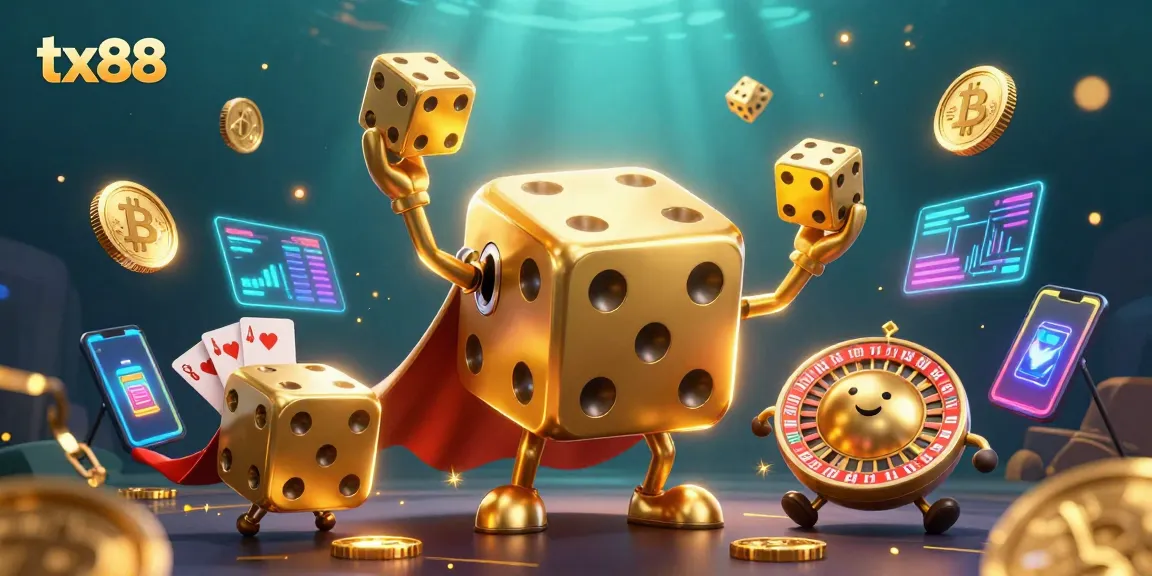 Experience the excitement of tx88 as a golden dice golem juggles winnings amidst vibrant casino elements.