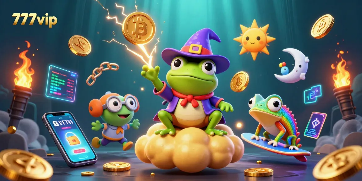 Experience the thrill of 777vip with a whimsical scene of a wizard frog and a chameleon surrounded by gold coins.